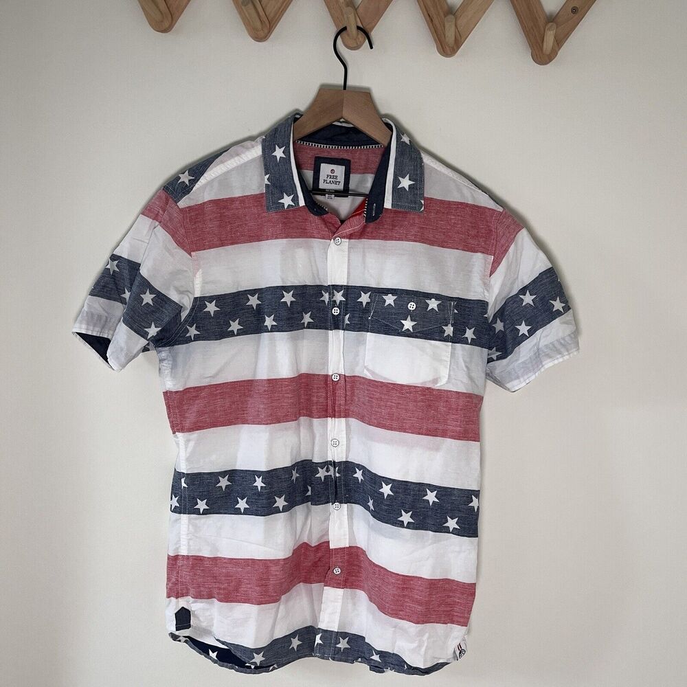 Free Planet Mens Red White Blue Button Collar Shirt American Flag Cotton Medium